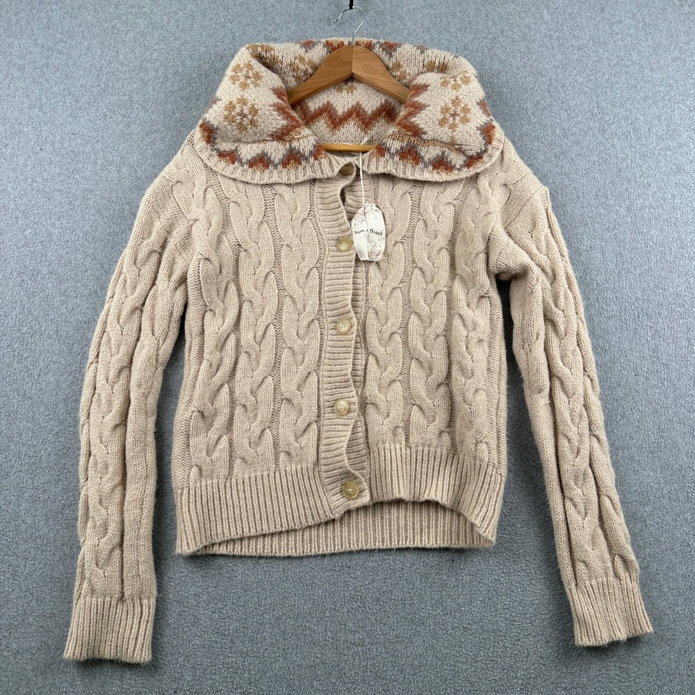 Hem & Thread Cardigan Womens S 32590 Beige Cable Knit Shawl Collar Button-Down